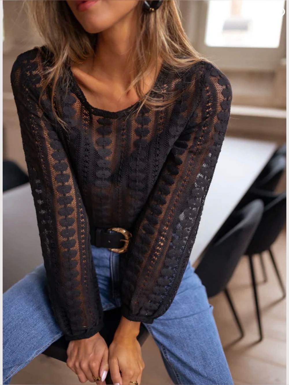 NWT Black Crochet Woven Blouse